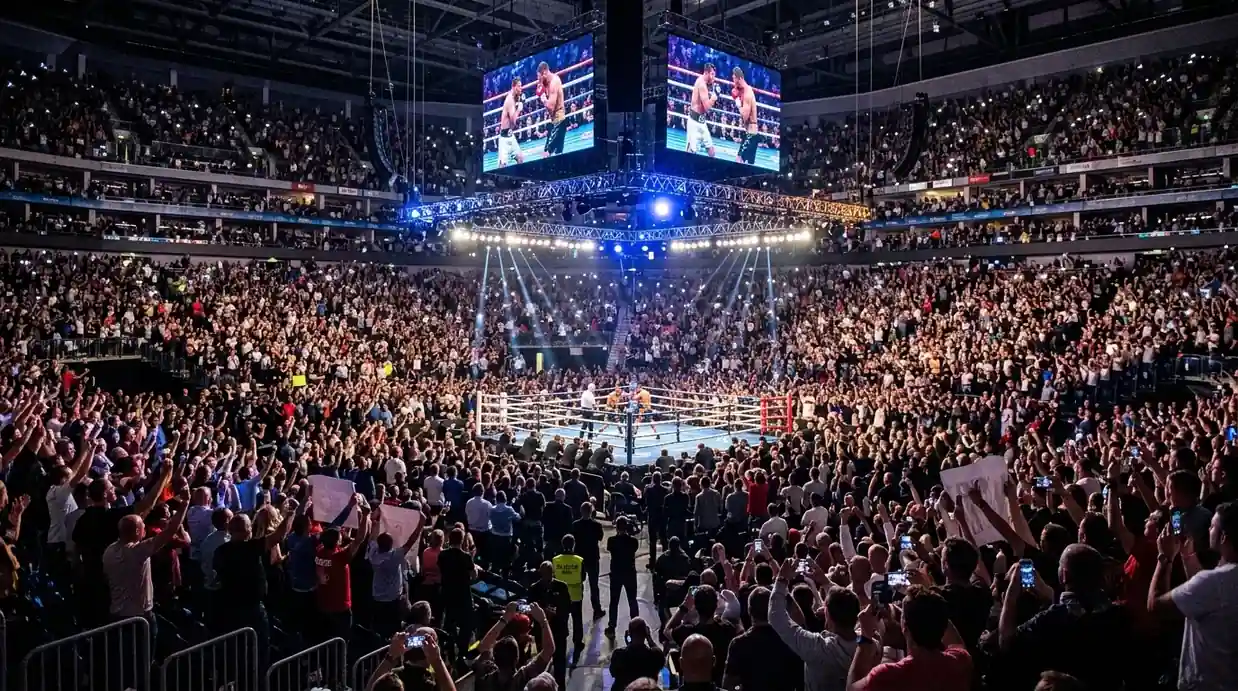 Zuschauer verfolgen einen Boxkampf in einer ausverkauften Arena