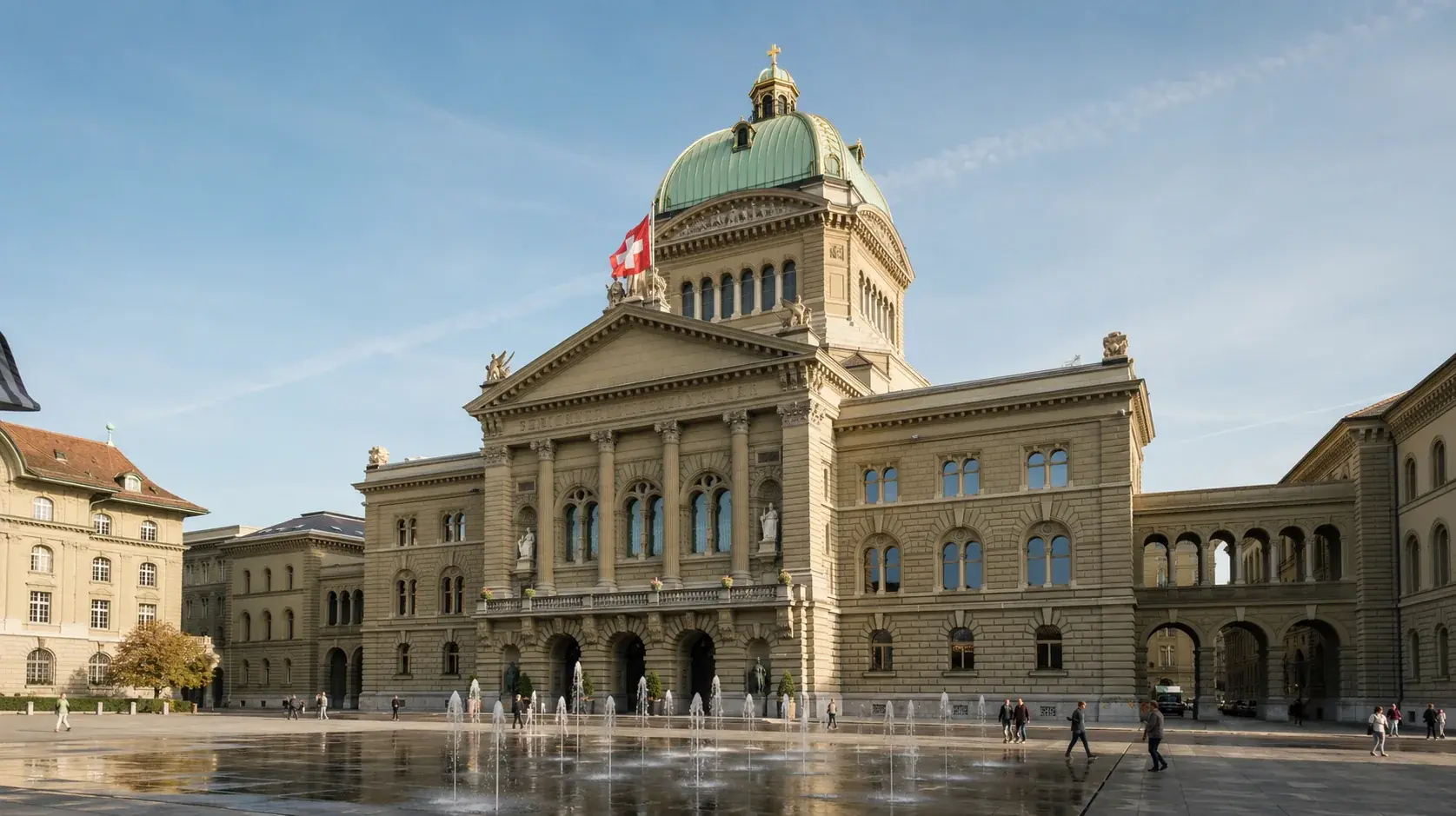 Schweizer Flagge und Bundeshaus in Bern als Symbol der Glücksspielregulierung