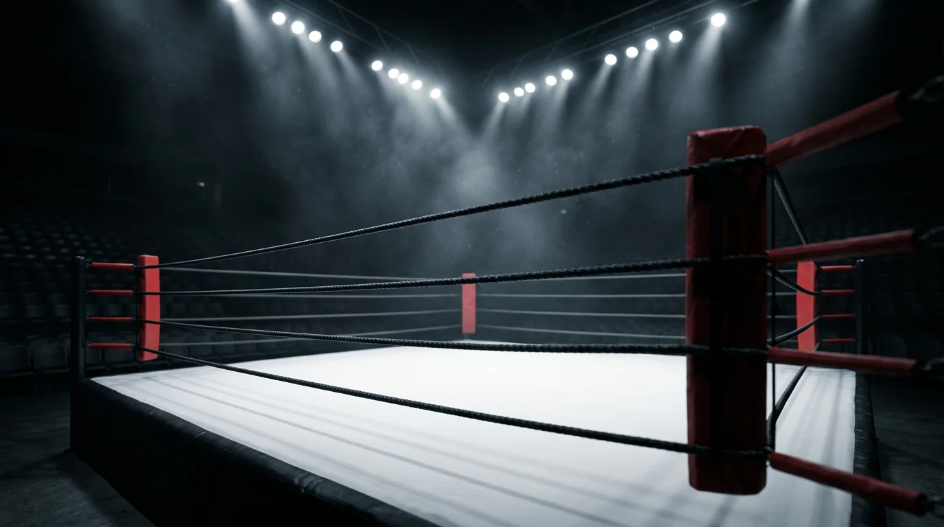 Beleuchteter Boxring vor einem Kampfabend in einer Arena
